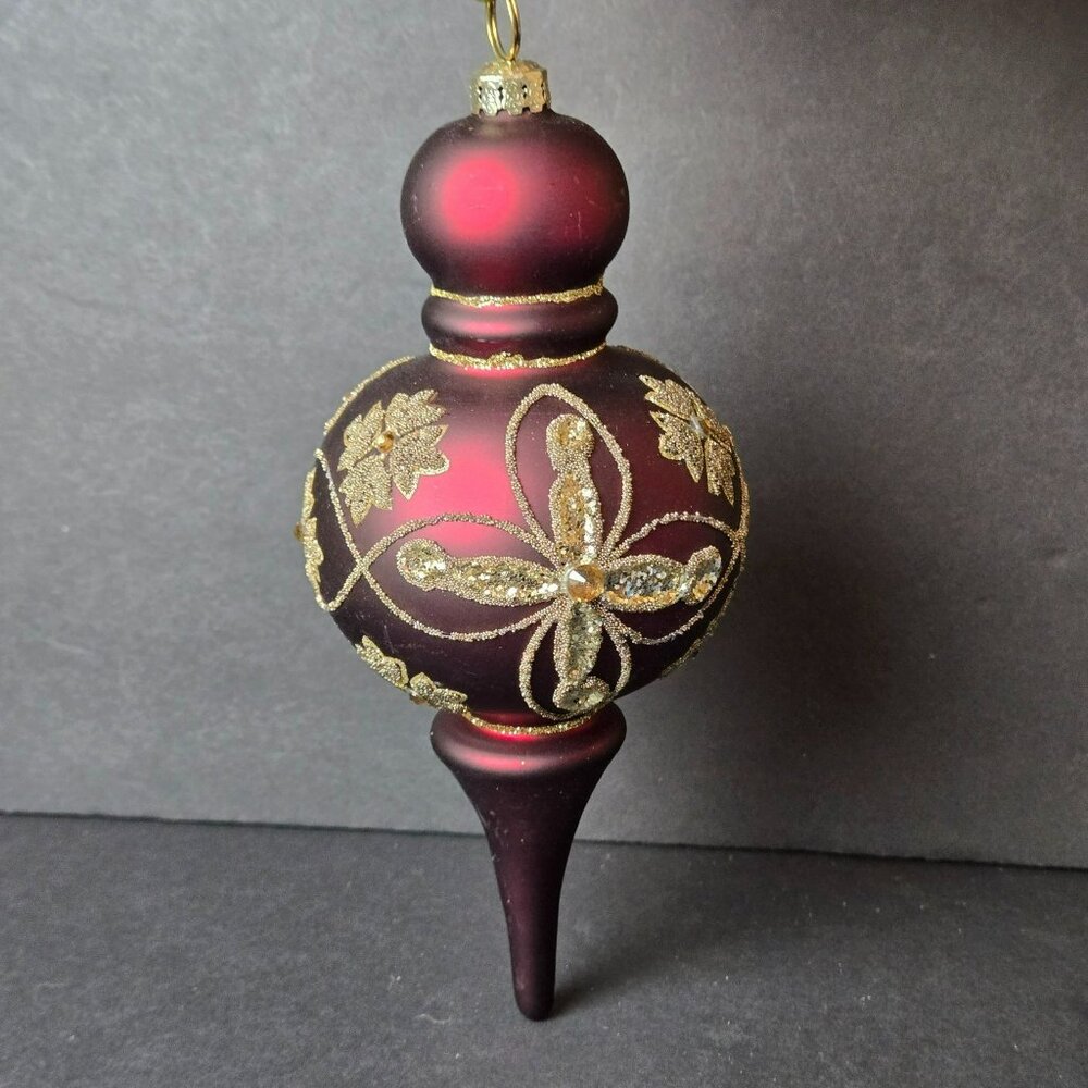 Frontgate Burgundy Gold Glass Finial Ornament Hand Painted Glittered 7" Decor
